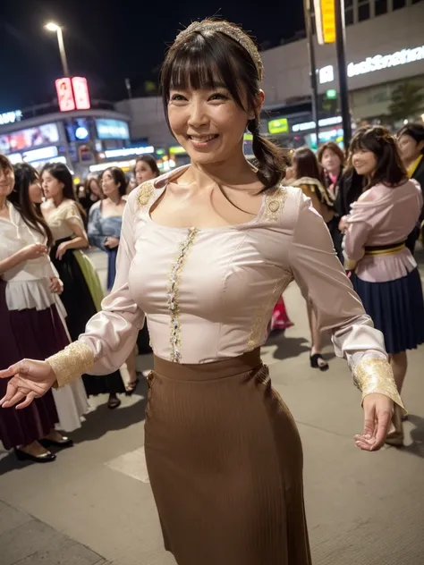 ((highest quality)), ((8K)), ((masterpiece: 1.3)), (Perfect appearance), (Photorealism: 1.6), (Japanese mature women passing by in the crowd), (Turning towards me with just her face), (Shibuya scramble crossing at night: 1.4), (In the middle of the scrambl...