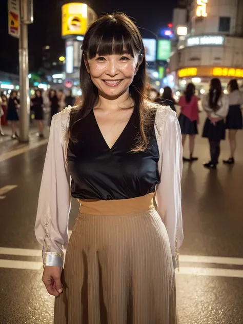 ((highest quality)), ((8K)), ((masterpiece: 1.3)), (Perfect appearance), (Photorealism: 1.6), (Japanese mature women passing by in the crowd), (Turning towards me with just her face), (Shibuya scramble crossing at night: 1.4), (In the middle of the scrambl...