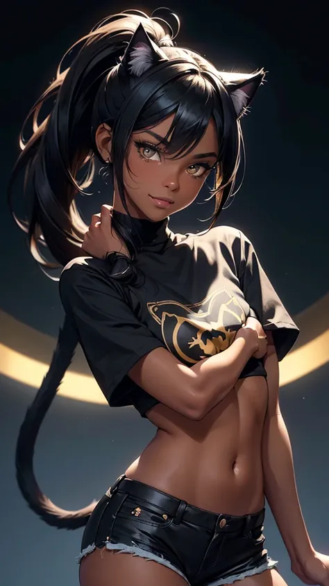 (high resolution, upper body, soft skin:1.2),(best illustration,masterpiece:1.2),ultra-detailed,[(cat ears , black inside:1.2, black ponytail hair, gold cat eyes, dark skin),vivid colors,sharp focus,studio lighting,bokeh, full body portrait, wearing a blue...