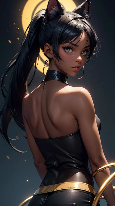 (high resolution, upper body, soft skin:1.2),(best illustration,masterpiece:1.2),ultra-detailed,[(cat ears , black inside:1.2, black ponytail hair, gold cat eyes, dark skin),vivid colors,sharp focus,studio lighting,bokeh, full body portrait, wearing a blue...