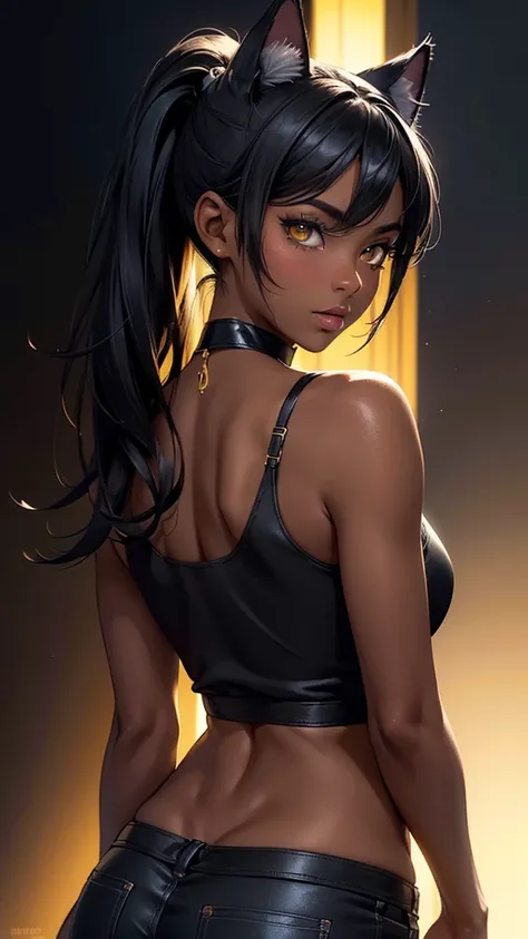 (high resolution, upper body, soft skin:1.2),(best illustration,masterpiece:1.2),ultra-detailed,[(cat ears , black inside:1.2, black ponytail hair, gold cat eyes, dark skin),vivid colors,sharp focus,studio lighting,bokeh, full body portrait, wearing a blue...