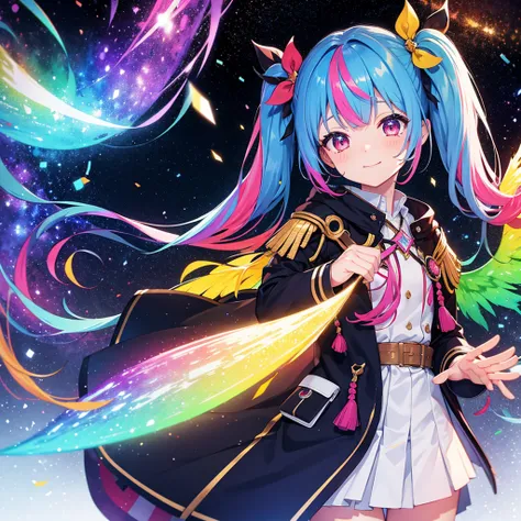 ((Fantasy　Rainbow Hair　Make your hair rainbow-colored on the inside　Twin tails　Dull red eyes　Have a galaxy　uniform　Put on a coat without putting your arms through it　Wings many times larger than me　Lonely　Smiling Kindly))　((Tears　gloves))　(Broken glass　Dis...