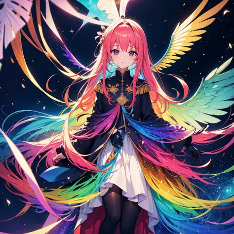 ((Fantasy　Rainbow Hair　Make your hair rainbow-colored on the inside　Long Hair　Dull red eyes　Have a galaxy　uniform　Put on a coat without putting your arms through it　Wings many times larger than me　Lonely　despair))　((Tears　gloves))　(Broken glass　Distorted S...