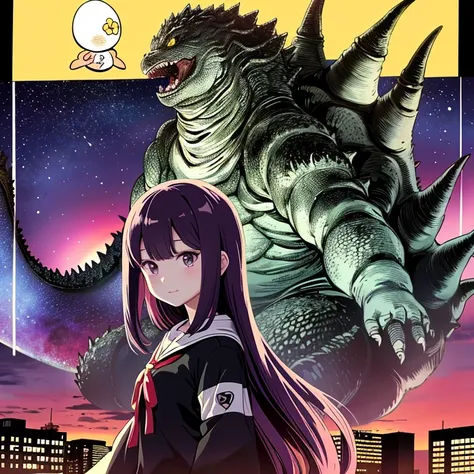 egg,Godzilla,Ai Fukuhara,Purple long hair,Aurora