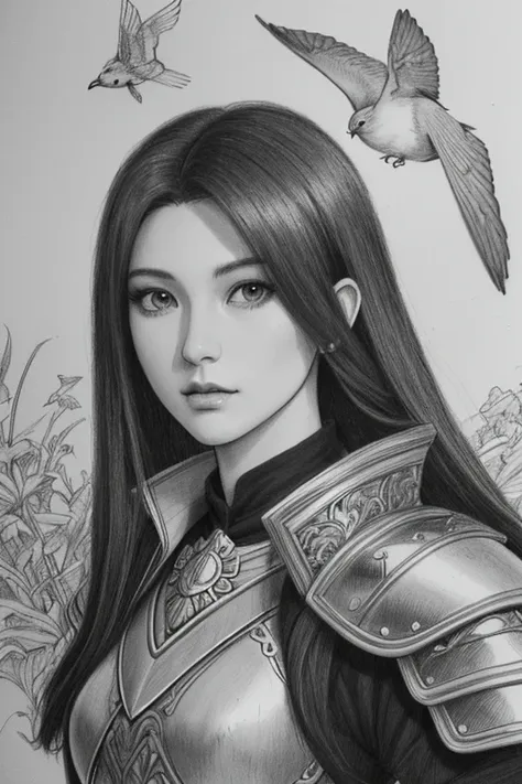 a drawing of a woman in armor with a sword and a bird, highly detailed exquisite fanart, video game fanart, pencil and ink manga...