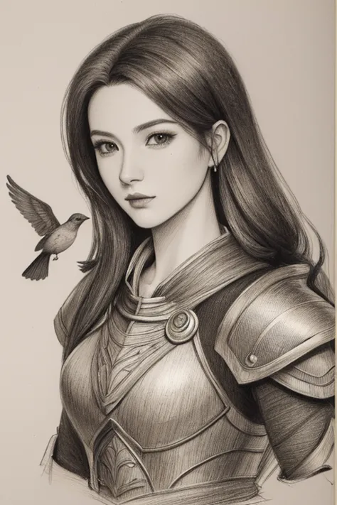 a drawing of a woman in armor with a sword and a bird, highly detailed exquisite fanart, video game fanart, pencil and ink manga...