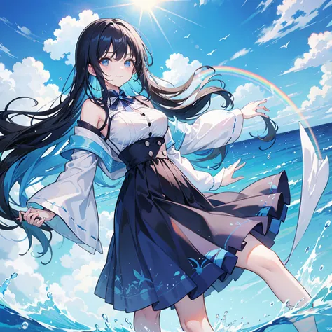 anime、Vibrant colors、Beauty、20 years old、Black Hair、Long Hair、Calm、Bright eyes、Sparkling eyes、smile、Large Breasts、blue sky、rainbow、Ocean、1000 water particles、rainbowを見つめている、dancing、Clear water flows like a waterfall、Bright dress