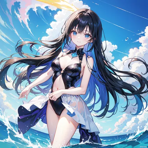 anime、Vibrant colors、Beauty、20 years old、Black Hair、Long Hair、Calm、Bright eyes、Sparkling eyes、smile、Large Breasts、blue sky、rainbow、Ocean、1000 water particles、Clear water flows like a waterfall