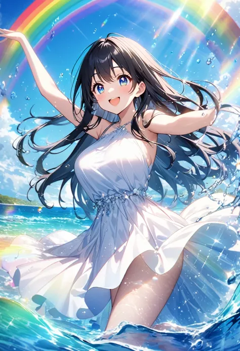 anime、Vibrant colors、Beauty、20 years old、Black Hair、Long Hair、Calm、Bright eyes、Sparkling eyes、smile、Large Breasts、blue sky、rainbow、Ocean、1000 water particles、rainbowを見つめている、dancing、Clear water flows like a waterfall、Bright dress