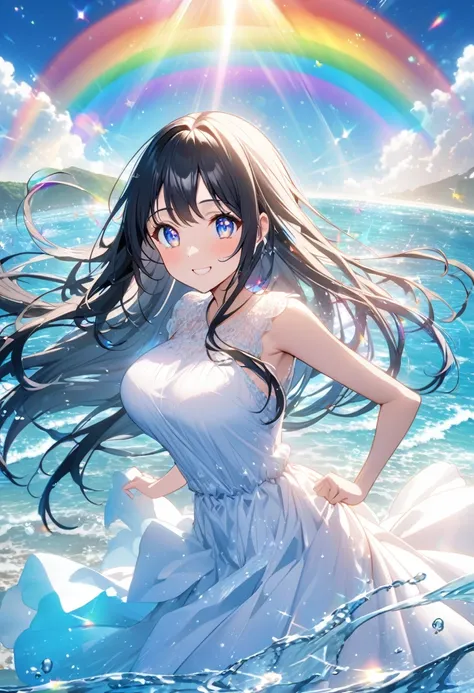 anime、Vibrant colors、Beauty、20 years old、Black Hair、Long Hair、Calm、Bright eyes、Sparkling eyes、smile、Large Breasts、blue sky、rainbow、Ocean、1000 water particles、rainbowを見つめている、dancing、Clear water flows like a waterfall、Bright dress