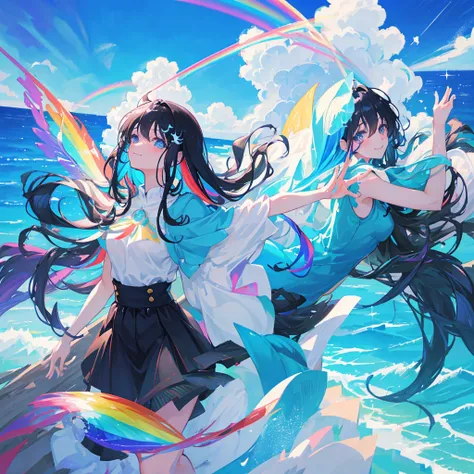 anime、Vibrant colors、Beauty、20 years old、Black Hair、Long Hair、Calm、Bright eyes、Sparkling eyes、smile、Large Breasts、blue sky、rainbow、Ocean、1000 water particles、rainbowを見つめている、dancing、Clear water flows like a waterfall、Bright dress