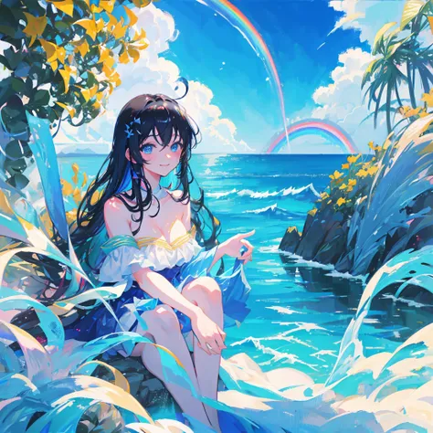 anime、Vibrant colors、Beauty、20 years old、Black Hair、Long Hair、Calm、Bright eyes、Sparkling eyes、smile、Large Breasts、blue sky、rainbow、Ocean、1000 water particles、Clear water flows like a waterfall
