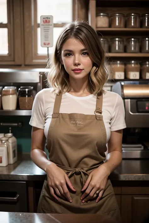 Analog photography of a woman, Vintage, Faded film, Film Grain, Coffee shop, apron, T-Shirts, Behind the counter, Large Breasts, blonde