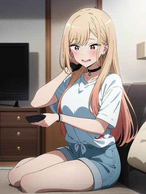 masterpiece, best quality, very aesthetic, absurdres, 1girl, kitagawa marin, sono bisque doll wa koi wo suru, T-shirts, short shorts, my room, sitting sofa, watching television, key visual, highly detailed