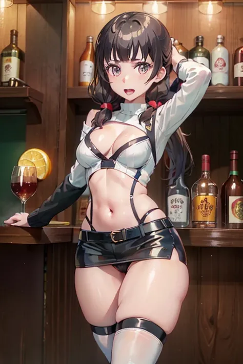 masterpiece,"A 26-year-old girl stands at a bar counter. She is dressed in a stylish off-shoulder dress, sweater dress, off-shoulder sweater, red sweater,garter stocking, cleavage:1.1, midriff, black shorts, black thighhighs, thigh strap, pretty girl, (hig...