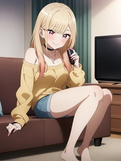 masterpiece, best quality, very aesthetic, absurdres, 1girl, kitagawa marin, sono bisque doll wa koi wo suru, off shoulder knit, short shorts, my room, sitting sofa, watching television, light smile, full body, key visual, highly detailed