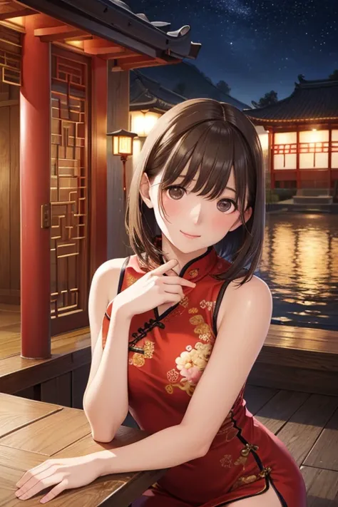 {{masterpiece、highest quality、(((Realistic、Realistic:1.37)))、6K quality}}, 

Shiny brown hair, short hair, Brown eyes、smile、Sparkling eyes, (Fine grain)、Ultra-detailed eyes、
Red sleeveless Chinese long dress with floral pattern:1.5、

Nightscape inspired by...