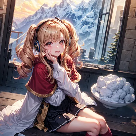 Pink gold golden hair、Golden Eyes、One good looking girl、Twin tails、solo、anime、Checkered mini skirt、The skirt has buttons、Red T-shirt、Long sleeve、China、Cape、Black knee-high socks、Wearing headphones、Wearing a ribbon、Ribbon on waist、Tilting face、Teeth are vis...