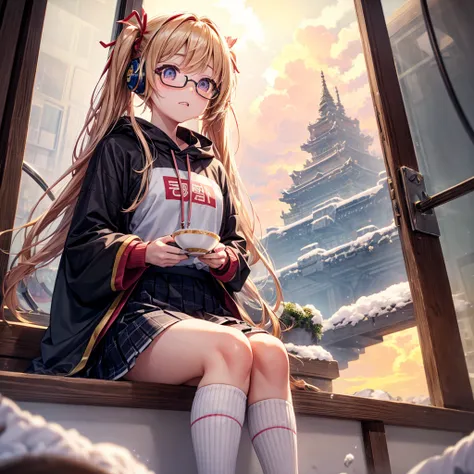 Pink gold golden hair、Golden Eyes、One good looking girl、Twin tails、solo、anime、Checkered mini skirt、The skirt has buttons、Red T-shirt、Long sleeve、China、Cape、Black knee-high socks、Wearing headphones、Wearing a ribbon、Ribbon on waist、Tilting face、Teeth are vis...