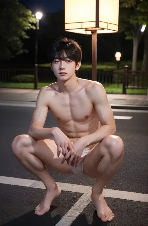 One Boy、Beautiful boy、Handsome、18-year-old、Japan boys、Black Hair、Night Park、Upper body naked、Groin bulge、Take off your clothes、Show bare skin、Spread your legs,White underwear、barefoot、Standing posture、