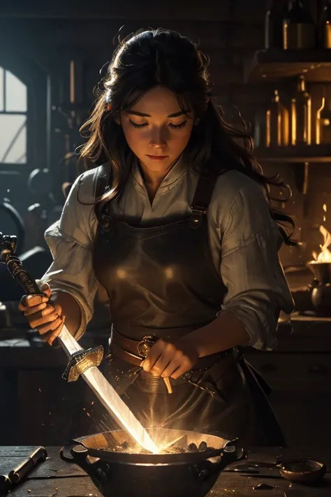 (((medium full shot))), (Masterpiece, photorealistic, photorealism, best quality, ultra-detailed:1.3), (nice hands, perfect hands), official art, cinematic light, (1girl:1.3), adult, RAW photo, blacksmith forges a glowing magical sword in an anvil-filled w...