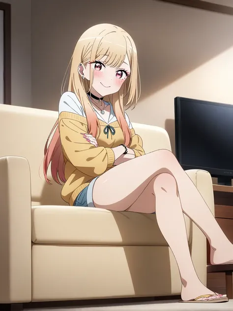 masterpiece, best quality, very aesthetic, absurdres, 1girl, kitagawa marin, sono bisque doll wa koi wo suru, off shoulder knit, short shorts, my room, sitting sofa, crossing legs, watching television, light smile, full body, key visual, highly detailed