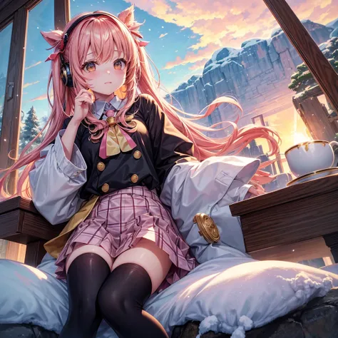 Pink gold golden hair、Golden Eyes、One good looking girl、Twin tails、solo、anime、Checkered mini skirt、The skirt has buttons、Red T-shirt、Long sleeve、China、Cape、Black knee-high socks、Wearing headphones、Wearing a ribbon、Ribbon on waist、Tilting face、Teeth are vis...