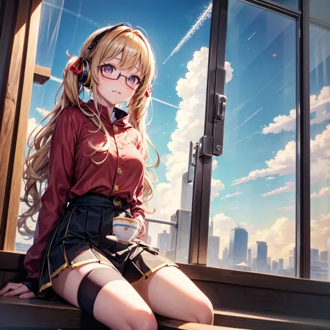 Pink gold golden hair、Golden Eyes、One good looking girl、Twin tails、solo、anime、Checkered mini skirt、The skirt has buttons、Red T-shirt、Long sleeve、China、Cape、Black knee-high socks、Wearing headphones、Wearing a ribbon、Ribbon on waist、Tilting face、Teeth are vis...