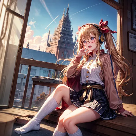 Pink gold golden hair、Golden Eyes、One good looking girl、Twin tails、solo、anime、Checkered mini skirt、The skirt has buttons、Red T-shirt、Long sleeve、China、Cape、Black knee-high socks、Wearing headphones、Wearing a ribbon、Ribbon on waist、Tilting face、Teeth are vis...