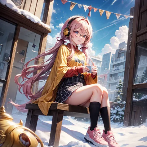 Pink gold golden hair、Golden Eyes、One good looking girl、Twin tails、solo、anime、Checkered mini skirt、The skirt has buttons、Red T-shirt、Long sleeve、China、Cape、Black knee-high socks、Wearing headphones、Wearing a ribbon、Ribbon on waist、Tilting face、Teeth are vis...