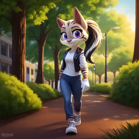 Anthro White Tiger, female, solo, white fur, white skin, white hair with black highlights, flowing hair, fluffy hair, violet eyes, shiny eyes, white shirt, jeans, glove, sneakers, park, path, grass, sunny, noon, standing, shiny hair, masterpiece, high qual...