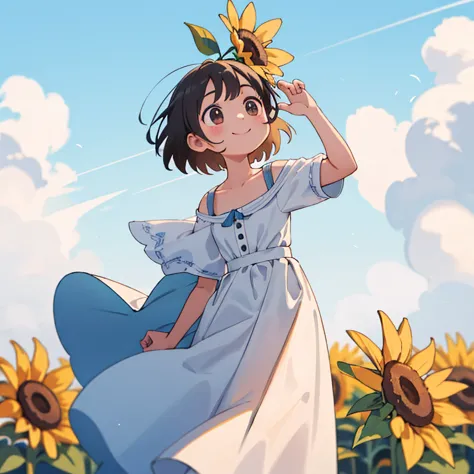 (masterpiece:1.2, highest quality), (very detailed:1.3), 1 girl,the girl in white dress stands in a sea of sunflowers，look up at...