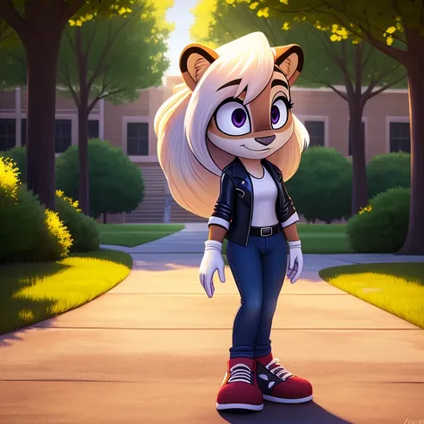 Anthro White Tiger, female, solo, white fur, white skin, white hair with black highlights, flowing hair, fluffy hair, violet eyes, shiny eyes, white shirt, jeans, glove, sneakers, park, path, grass, sunny, noon, standing, shiny hair, masterpiece, high qual...