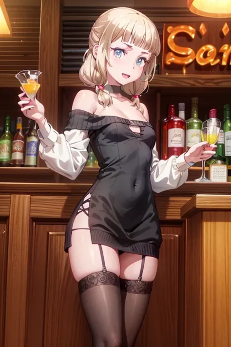 (from below:1.2),(from side:0.9), ((Face)), (Close-Up:1.0), masterpiece,"A 26-year-old girl stands at a bar counter. She is dressed in a stylish off-shoulder dress, sweater dress, off-shoulder sweater, red sweater,garter stocking, cleavage:1.1, midriff, bl...