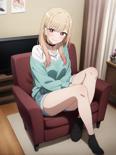 masterpiece, best quality, very aesthetic, absurdres, 1girl, kitagawa marin, sono bisque doll wa koi wo suru, off shoulder knit, short shorts, my room, sitting sofa, crossing legs, watching television, light smile, full body, key visual, highly detailed