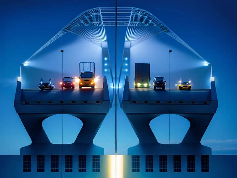 Bridge, cars ,trucks , motorcycle, 