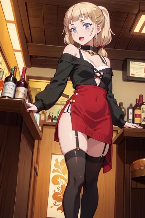 (from below:1.2),(from side:0.9), ((Face)), (Close-Up:0.4), masterpiece,"A 26-year-old girl stands at a bar counter. She is dressed in a stylish off-shoulder dress, sweater dress, off-shoulder sweater, red sweater,garter stocking, cleavage:1.1, midriff, bl...