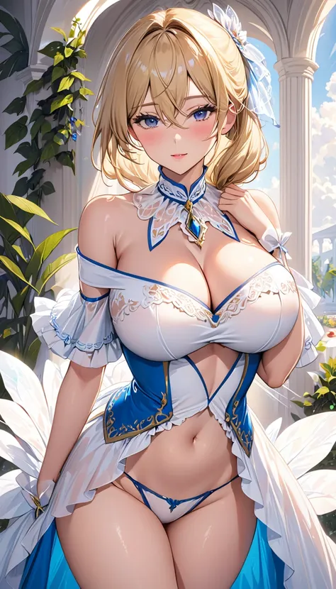 masterpiece:1.4,best-quality,Super Detail,Very Delicate and Beautiful, nsfw, very sexual idol, blonde hair, very gigantic breasts, cleavage, very slender, perfect face, fancy dress, off-shoulder, panties, thong