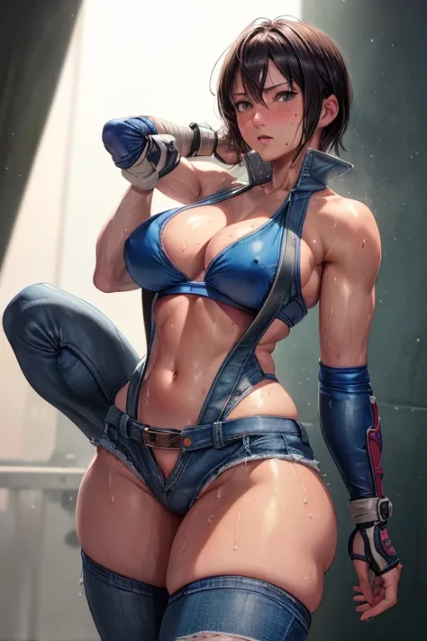 Browsing Caution, (Best image quality,highest quality,Highest Resolution, Ultra-Realistic Images,Very detailed,masterpiece),Asuka Kazama,Kazama Asuka,((Sticky with sweat)),Big Breasts, Erect nipples, (((Large areola))),(((Exposing the breasts))),jeans, Abd...