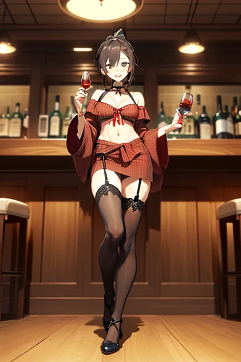 (from below:1.2),(from side:0.9), ((Face)), (Close-Up:0.4), masterpiece,"A 26-year-old girl stands at a bar counter. She is dressed in a stylish off-shoulder dress, sweater dress, off-shoulder sweater, red sweater,garter stocking, cleavage:1.1, midriff, bl...