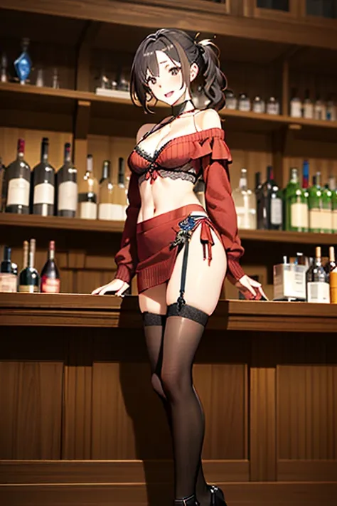 (from below:1.2),(from side:0.9), ((Face)), (Close-Up:0.4), masterpiece,"A 26-year-old girl stands at a bar counter. She is dressed in a stylish off-shoulder dress, sweater dress, off-shoulder sweater, red sweater,garter stocking, cleavage:1.1, midriff, bl...