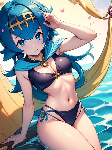 whole body,smile,Big Breasts, (((masterpiece))), (((最high quality))), ((8k)), (Advanced Details), (high quality), (High resolution), Sexy pose,Lana/pokemon,Blue Hair,Shortcuts,Golden hair ornament,Tiny swimsuit,Groin,Heart on chest,