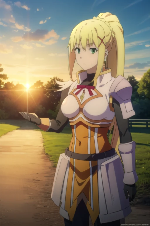 Lalatina Dusty Nesford, Lalatina Dustines Ford, darkness (KonoSuba), Long Hair, (Green Eyes:1.3), Blonde, hair ornaments, ponytail, Braiding, x hair ornaments, break gloves, armor, Bodysuits, shoulder armor, armored dress, break outdoor, forest, nature, wo...