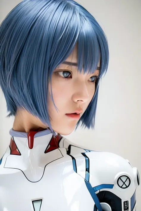 bust up photo, woman close up, evangelion, rei ayanami, ayanami, rei ayanami, rogue anime girl ayanami rei, 
short hair, blue ha...