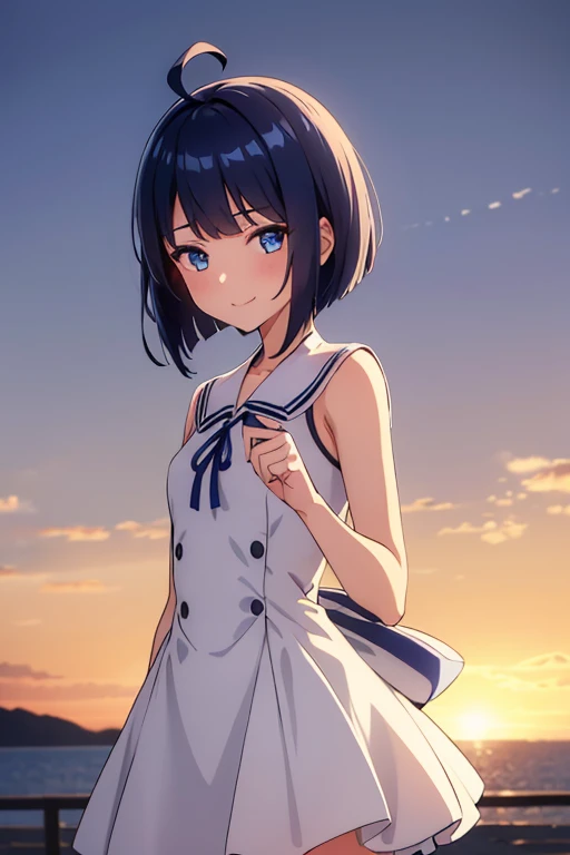  (One girl), (alone), (Focus on women),  Focus on the face, blue eyes, navy hair, short hair, white one side hair ribbon, shiny skin, cowboy shot, blunt  parted bangs, 1ahoge, standing, shy,idol dress,seductive smile, make out,POV,