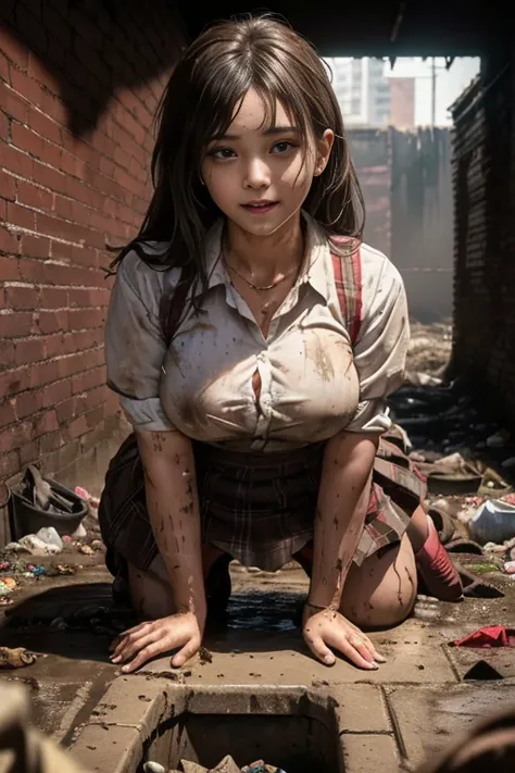 waistband of skirt is at the point above chest , school girl big breast , red knot , red bow , skirt dark red , plaid skirt , pleated skirt , dirty white Shirt , realisitic、top-quality、crisp photos、((Brick underground tunnel、Foul-smelling sewer、Littered wi...