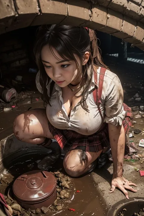 waistband of skirt is at the point above chest , school girl big breast , red knot , red bow , skirt dark red , plaid skirt , pleated skirt , dirty white Shirt , realisitic、top-quality、crisp photos、((Brick underground tunnel、Foul-smelling sewer、Littered wi...