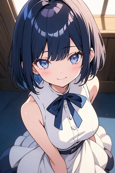 (One girl), (alone), (Focus on women), Focus on the face, blue eyes, navy hair, short hair, white one side hair ribbon, shiny skin, cowboy shot, blunt parted bangs, 1ahoge, standing, shy,idol dress,seductive smile, make out,POV,from behind,from above,