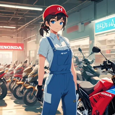 Honda mechanic, (blue eyes, red hat, red apron, white suspenders, black and black gloves, )full body, exaggerated expressions and actions, clean background, bright colorful highlights, studio lighting, atmospheric lighting, with rich texture  beautiful, hi...