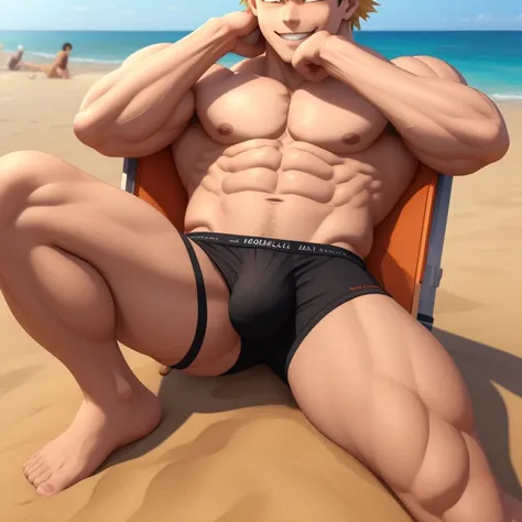 masterpiece, 3d, Bakugo Katsuki, muscled, chilling at the beach, no shirt, hands on back of head, only wearing a black underwear with a orange line on the top, light smile
